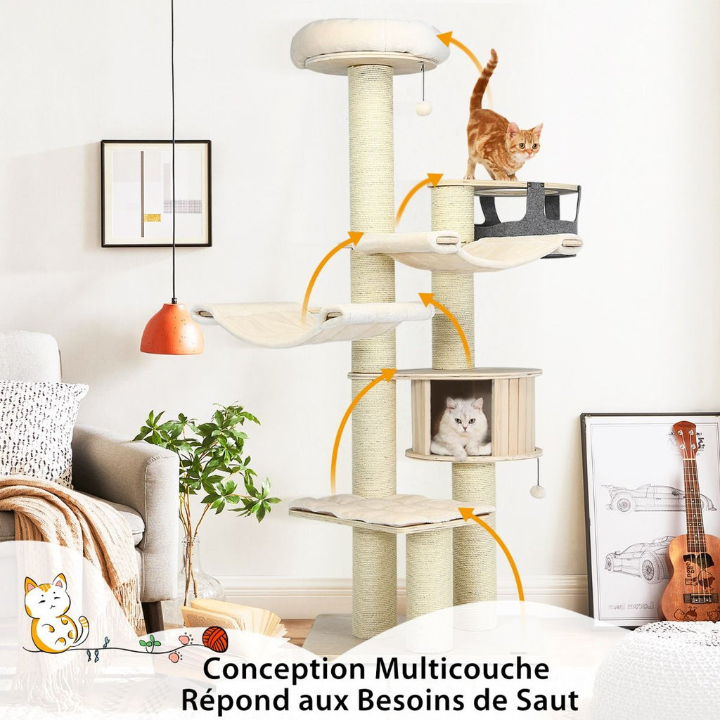 Arbre À Chat 197CM Avec 2 Hamac Perchoir Poteaux À Griffer Et Niche Tour De Jeux Pour Chats Avec 2 Pompon Suspendu Beige