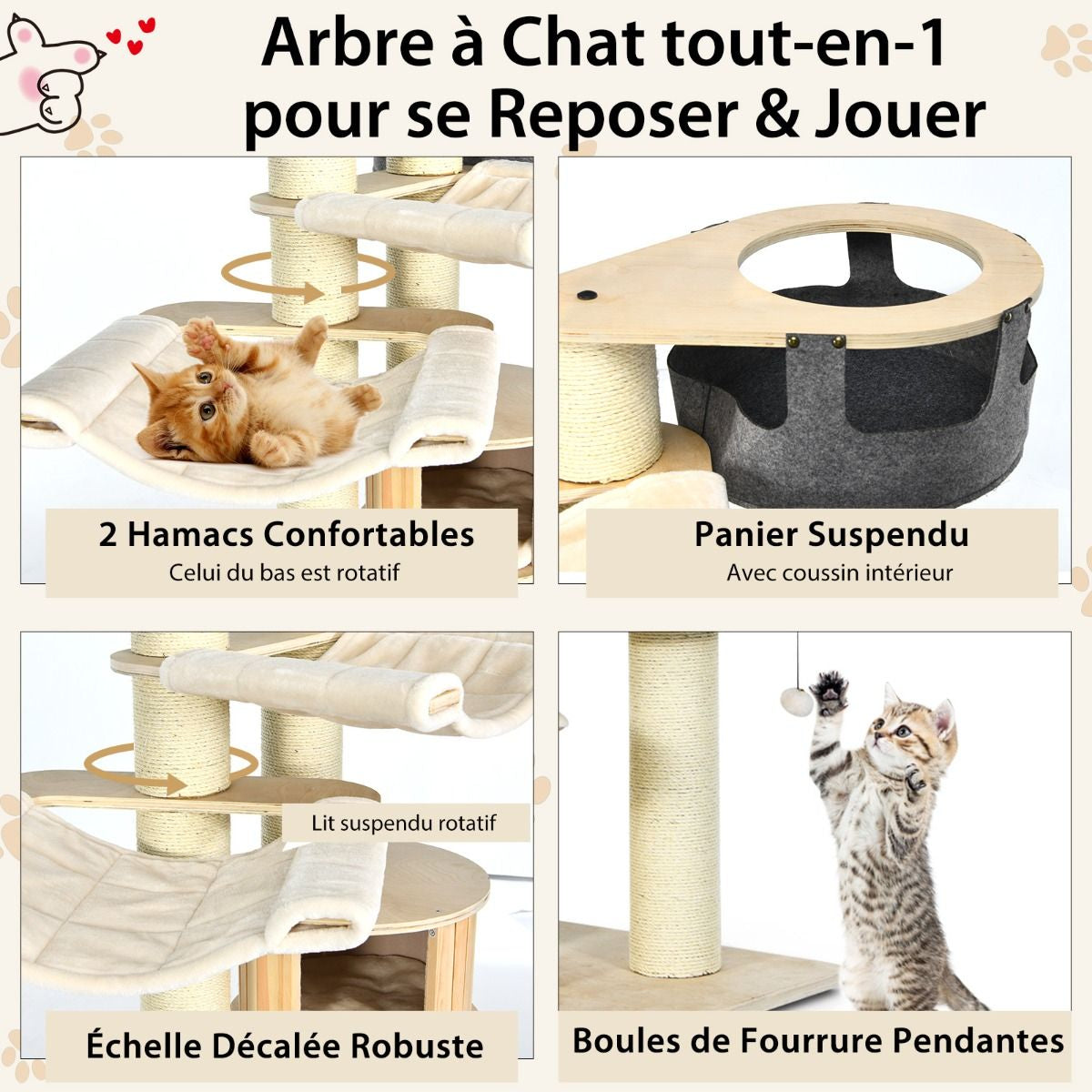 Arbre À Chat 197CM Avec 2 Hamac Perchoir Poteaux À Griffer Et Niche Tour De Jeux Pour Chats Avec 2 Pompon Suspendu Beige
