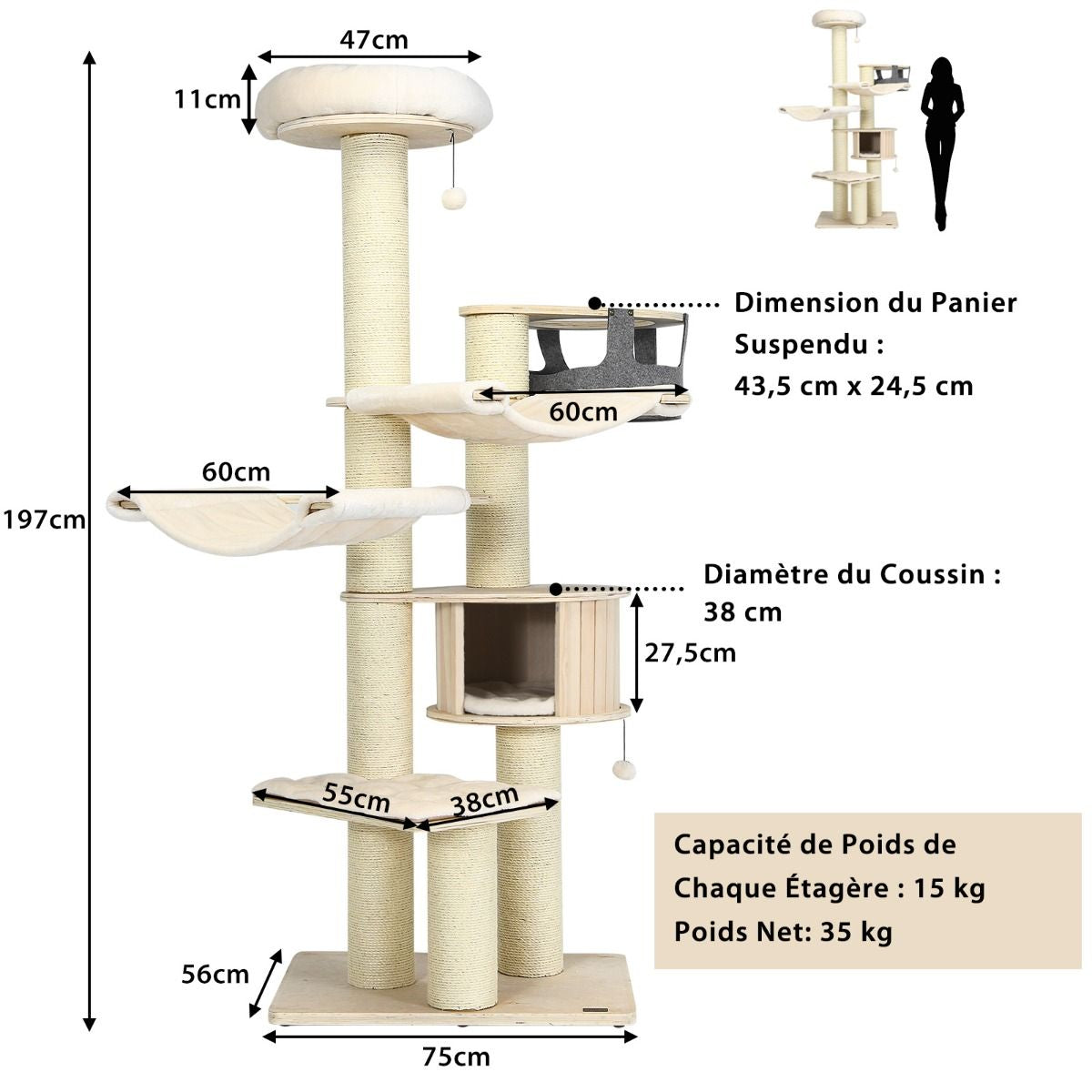 Arbre À Chat 197CM Avec 2 Hamac Perchoir Poteaux À Griffer Et Niche Tour De Jeux Pour Chats Avec 2 Pompon Suspendu Beige
