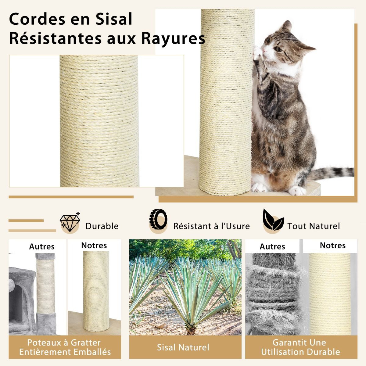 Arbre À Chat 197CM Avec 2 Hamac Perchoir Poteaux À Griffer Et Niche Tour De Jeux Pour Chats Avec 2 Pompon Suspendu Beige