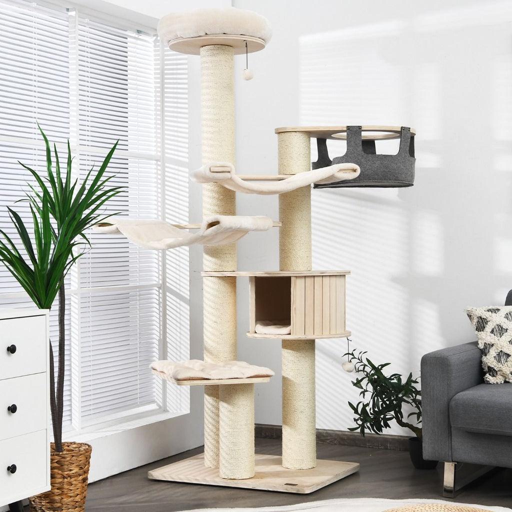 Arbre À Chat 197CM Avec 2 Hamac Perchoir Poteaux À Griffer Et Niche Tour De Jeux Pour Chats Avec 2 Pompon Suspendu Beige